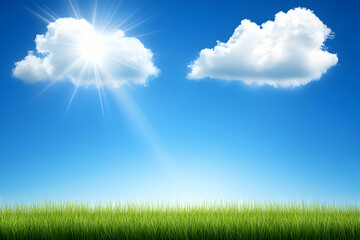 Obraz premium Sunny sky, green grass, nature scene, idyllic background