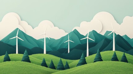 Wind turbines generating clean energy mountain landscape digital art eco-friendly environment aerial view sustainability concept