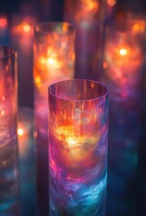 Colorful glowing cylindrical shapes with vibrant illumination in a dark atmosphere, creating an abstract and enchanting visual display