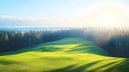 Sunny morning, green hill, forest, landscape