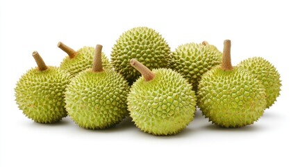 Pile of fresh, green durians isolated on white.