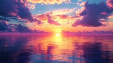 Fototapeta premium Serene Sunset Over Calm Ocean Waters with Colorful Clouds Reflection