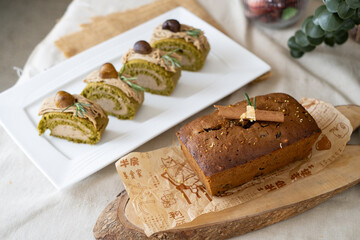 Cinnamon bread loaf set on cafe table.