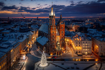 Saint Mary's Basilica, located on Main Square in Krakow during Christmastime, Poland