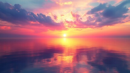 Fototapeta premium Serene Ocean Sunset with Vibrant Clouds and Reflective Water Surface