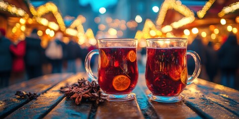 Enjoying festive mulled wine at a cozy holiday market in a winter wonderland