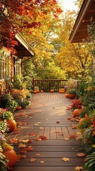 Fototapeta premium Classic wooden deck with seasonal garden decorations, garden, deck, yard