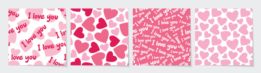 Set of St Valentines seamless patterns with hearts and romantic text. Pink patterns collection for Valentines Day. Flat vector designs