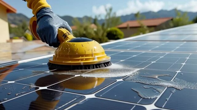 A person is scrubbing solar panels on a rooftop to remove dirt and grime, enhancing their performance and ensuring maximum energy absorption in bright sunlight.