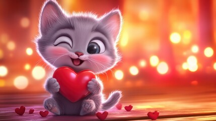 A cute cartoon cat holding a heart and winking with a playful Valentine message in the background