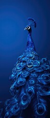Close-up of a dark blue peacock's feathers with eyes and tail, peacock close up, bird photography