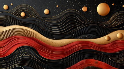 Abstract red gold black waves design, luxury background, elegant texture, festive celebration