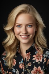Fototapeta premium blonde woman with blue eyes and a black floral shirt