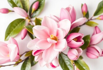 Pink magnolia flowers on white background