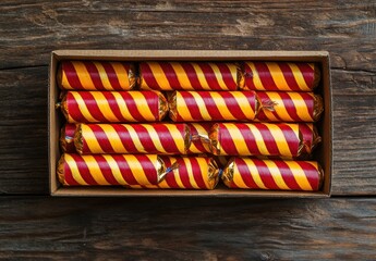 Colorful striped candies in a box on rustic wooden background, perfect for festive occasions and sweet treats, showcasing vibrant colors and classic design.