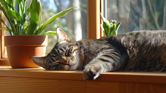 Tabby cat sleeping peacefully on a wooden window sill in bright sunlight with plants