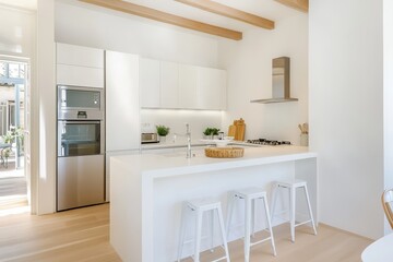 Fototapeta premium Modern kitchen design features minimalistic cabinetry, sleek appliances, and natural light streaming through large windows