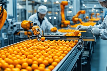 Workers and robots coordinating at a large-scale food manufacturing facility, processing oranges on conveyor belts and robotic arms