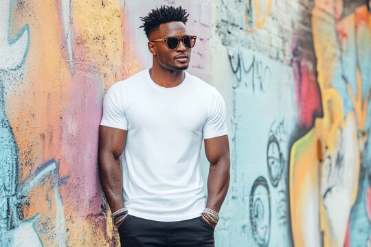 African American man exuding modern street style while leaning against a vibrant graffiti wall wearing a white t-shirt mockup