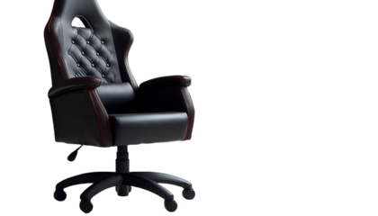 Black Leather Gaming Chair with Red Stitching and Ergonomic Desi