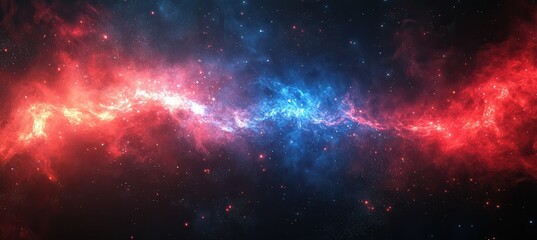 Fototapeta premium Cosmic Nebula in Space with Colorful Red and Blue Gas Clouds Surrounded by Twinkling Stars and Deep Dark Background Creating an Ethereal Atmosphere