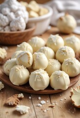 Fototapeta premium Close-up of white chocolate truffles on a light wooden table, dessert buffet, soft center