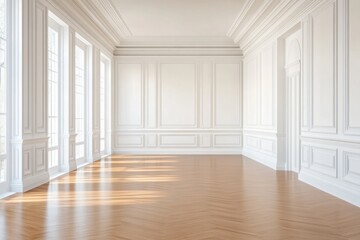 Fototapeta premium Elegant hallway with empty white walls and detailed wooden flooring featuring soft ambient lighting