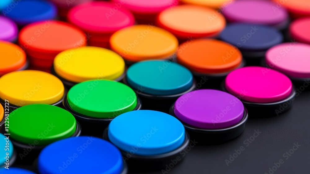 Poster row of colorful buttons with a rainbow pattern. the buttons are all different colors and sizes. conc