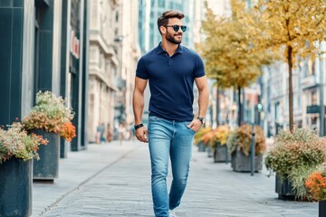 Young man strolls casually in navy blue polo shirt along sunny urban street filled with colorful plants and bright city atmosphere