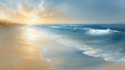 Fototapeta premium Serene sunset beach scene, calming ocean waves.
