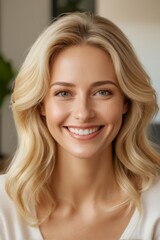Naklejka premium blond woman with long wavy hair smiling at camera in white shirt