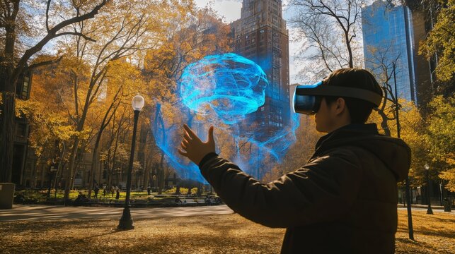 Man Using VR Headset in Autumn Park - Powered by Adobe