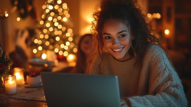 A young woman smiles while using a laptop in a cozy living room decorated for Christmas.