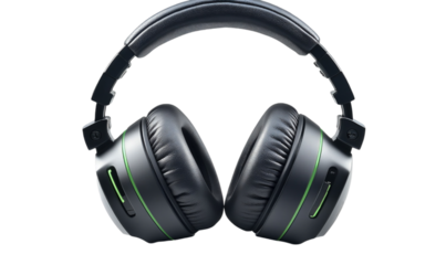 Black Over Ear Headphones with Green Accents on Black Background