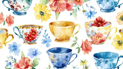 Watercolor beautiful, elegant, vintage teacups pattern, with yellow, blue, and red floral accents, in pastel colors on a white background
