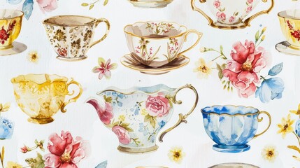 Watercolor beautiful, elegant, vintage teacups pattern, with yellow, blue, and red floral accents, in pastel colors on a white background