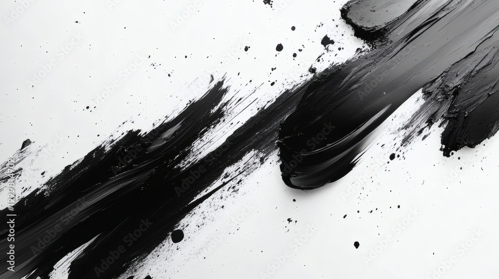 Poster wild splashes of black ink brush strokes scattered across a white background creating an expressive 
