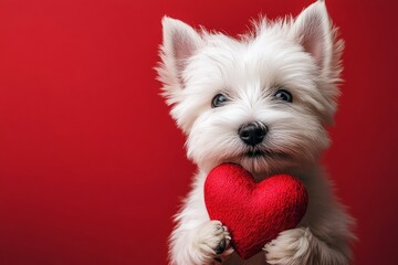 West highland white terrier - my beloved dog. Commercial idea art. Cute west highland white terrier dog with fluffy red heart - sign of love, funny greeting card. Red heart animal themes.