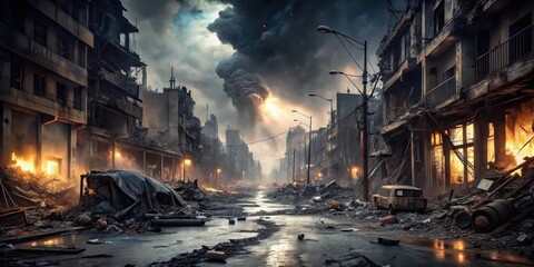 Darkened city street littered with debris and twisted metal wreckage from a massive explosion at night