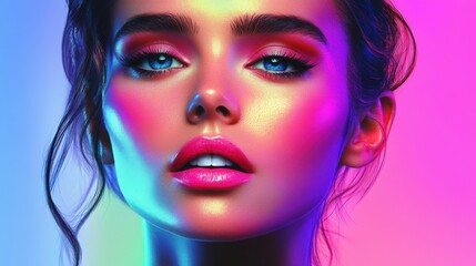 Obraz premium Vibrant Glamour Portrait Of A Woman, Colorful Lights Effect, Close-up View, Generated AI