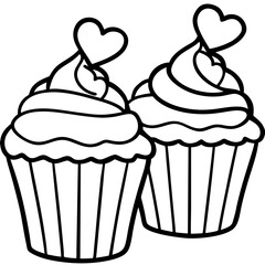 Delicate Cupcakes with Heart Garnishes - Vector Line Art