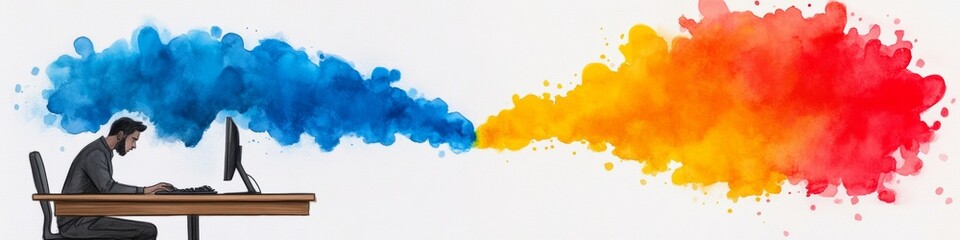 Man is sitting at a desk with a computer monitor in front of him. The background features a colorful explosion of paint, which could represent creativity or inspiration