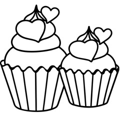 Delicate Cupcakes with Heart Garnishes - Vector Line Art