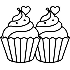 Delicate Cupcakes with Heart Garnishes - Vector Line Art