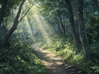 Fototapeta premium Lush green forest trail with sunlight breaking through trees in a serene natural setting. Generative AI