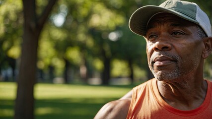 Obraz premium Embracing wellness through outdoor reflection in a sunlit park setting with a thoughtful man engaged in health-conscious lifestyle choices