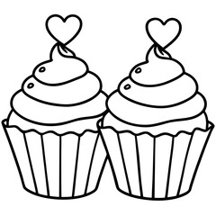 Delicate Cupcakes with Heart Garnishes - Vector Line Art