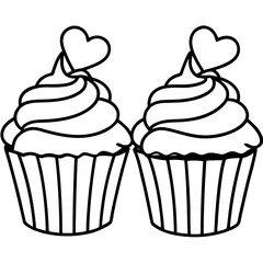 Delicate Cupcakes with Heart Garnishes - Vector Line Art