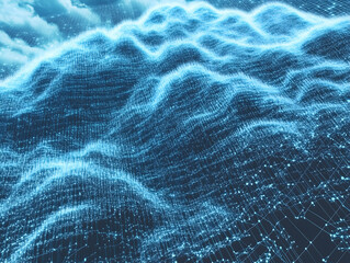 Abstract representation of a digital landscape with glowing data waves and a cybernetic grid. Symbolizing technology, big data, artificial intelligence, and futuristic digital environments. Perfect