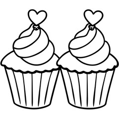 Delicate Cupcakes with Heart Garnishes - Vector Line Art